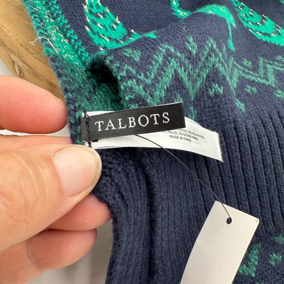 Talbots Whimsy Fair Isle Scarf blue green Trees Holiday Festive Navy Green Gold - Picture 5 of 10